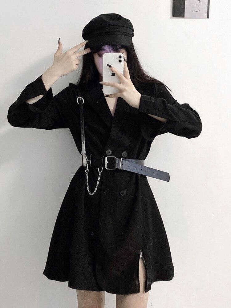 Vestido de chaqueta negra para mujer, traje coreano Harajuku Vintage, Blazer, vestidos de verano para mujer, ropa de oficina, Cosplay gótico, 2022