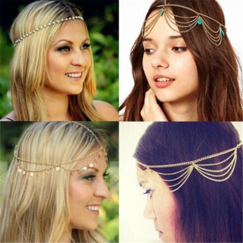 WKOUD Boho Draping Crystal Bride Hair Accesories Head Chain Hair Jewelry Wedding Hairstyles Headpiece