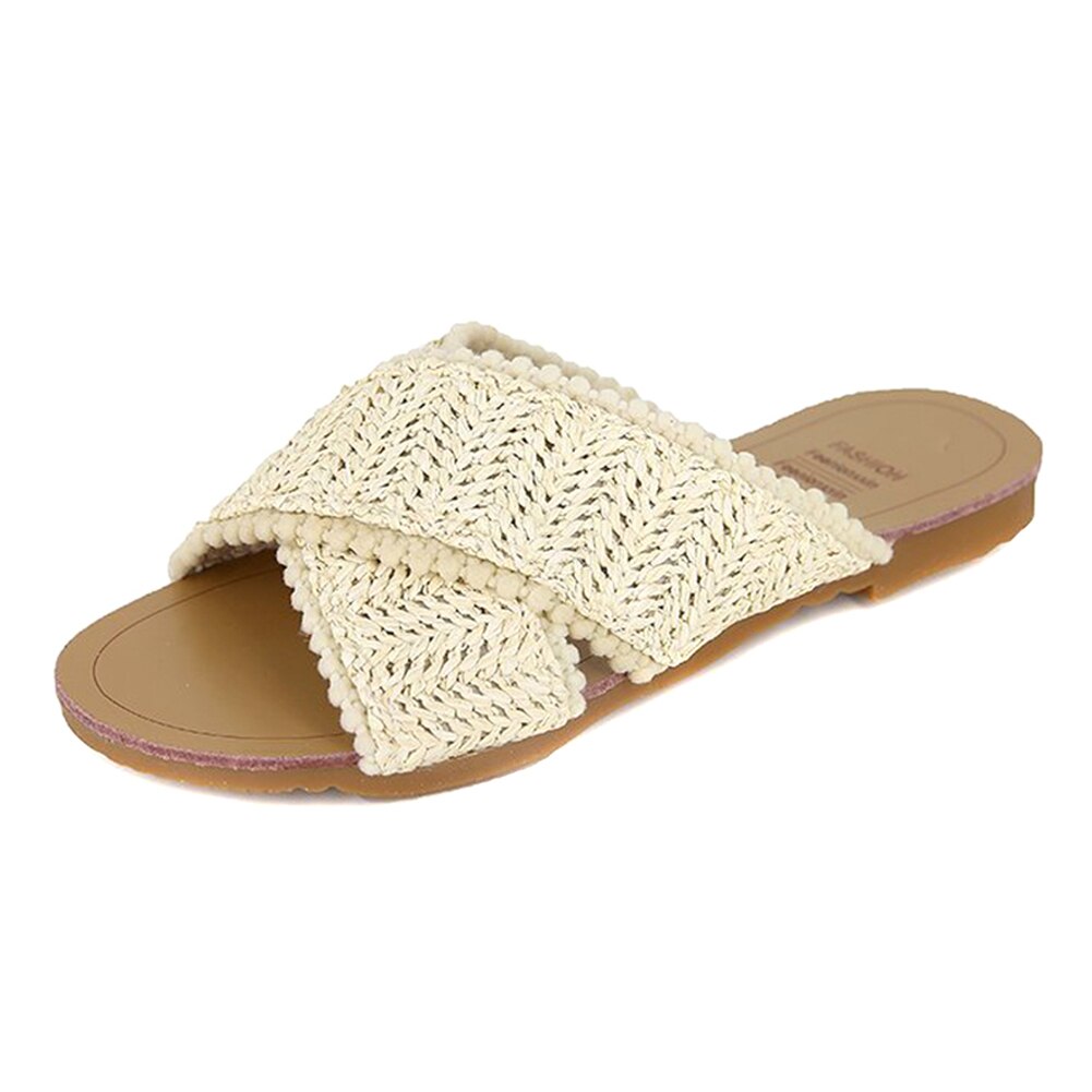Nieuwe dames boho kruisweefsel platte pantoffels ademende slippers voor de zomer 19 ing: Beige / 35