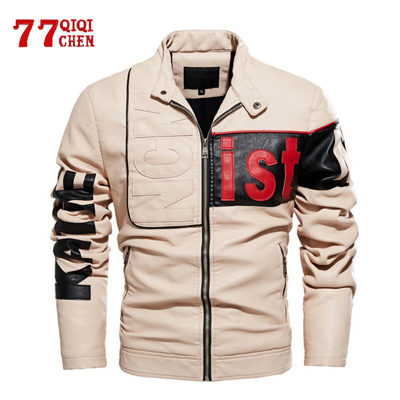 Vinter læderjakke mænd letter fleece motorcykel pu jakke mandlig slim stand krave afslappet windbreaker patchwork colorblock frakke