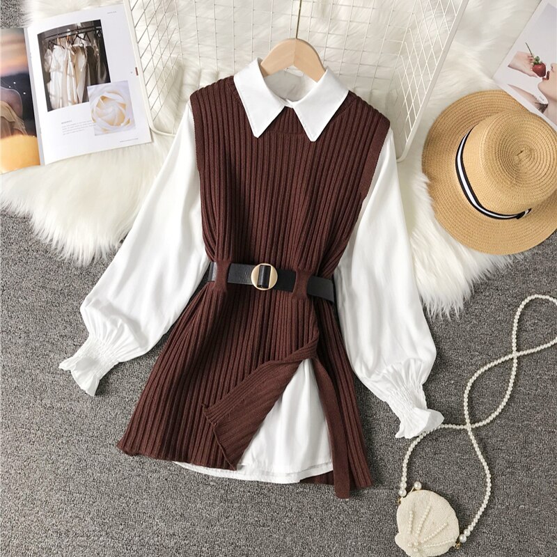 Chemise à manches lanternes pour femmes, gilet tricoté, ensemble deux pièces de style collégien, gilet à la taille, top UK900, printemps-automne: Coffee