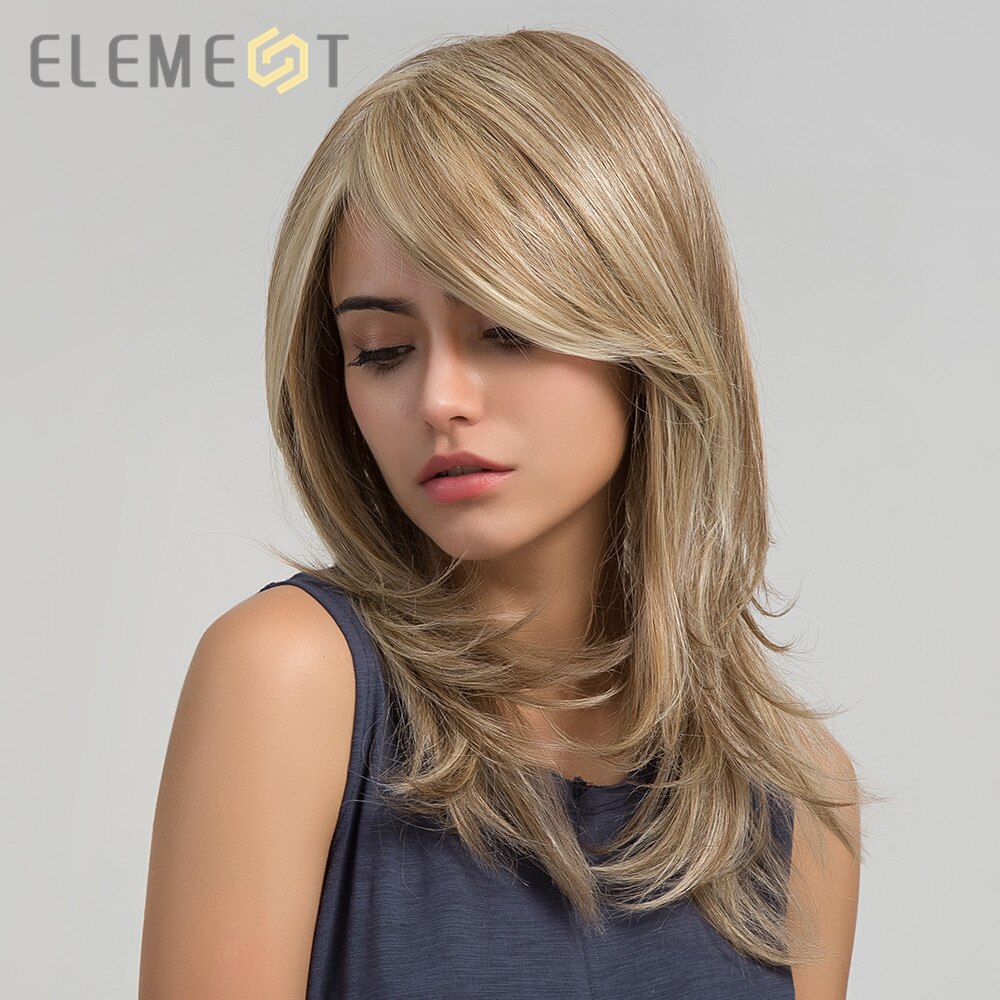 Element Synthetische Lange Rechte Haar Licht Bruin Mix Blonde Pruiken Met Pony Kant Voor Wit/Zwart Vrouwen Daily Wear