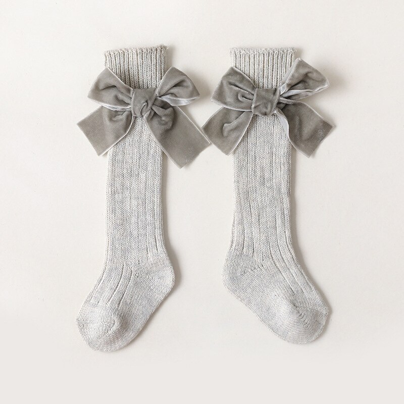 Calzini alti al ginocchio per ragazze invernali calzini per bambini grandi con fiocco scaldamuscoli solidi principessa bambini calzini morbidi a maglia lunga per 1-8 anni: Light Grey / 1-3 Years (S)