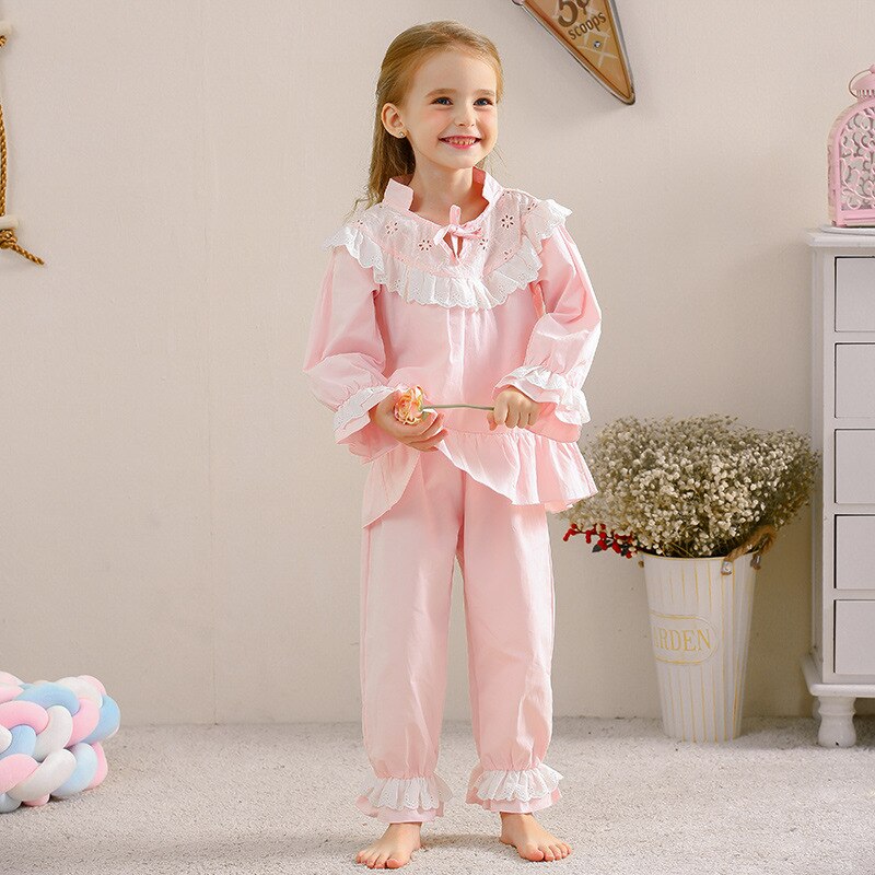 Spring Autumn Girls Pajamas Set Long Sleeve Cotton Lace Home Custome Pink Princess Children Sleeping Clothes