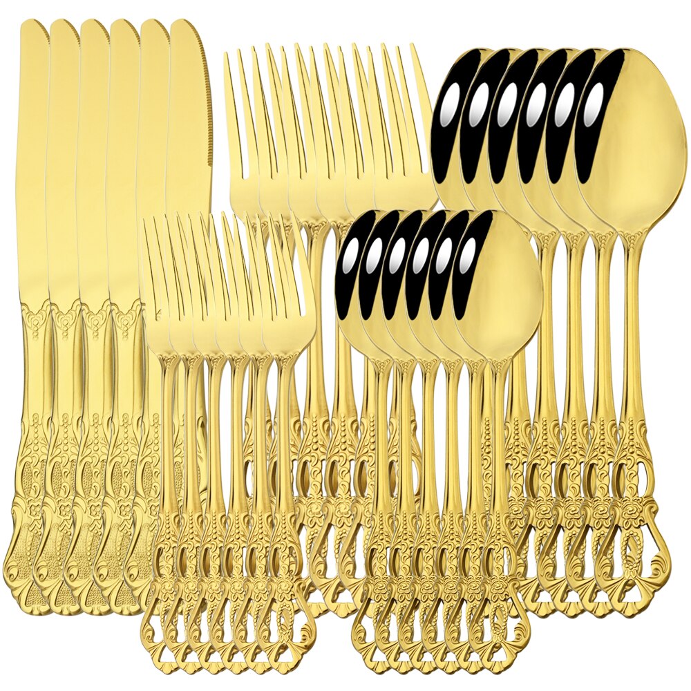 Juego de cubiertos de acero inoxidable, Set de vajilla de arcoíris, cuchillo, tenedor, cuchara occidental, Retro, 6/30 piezas: 30Pcs Gold