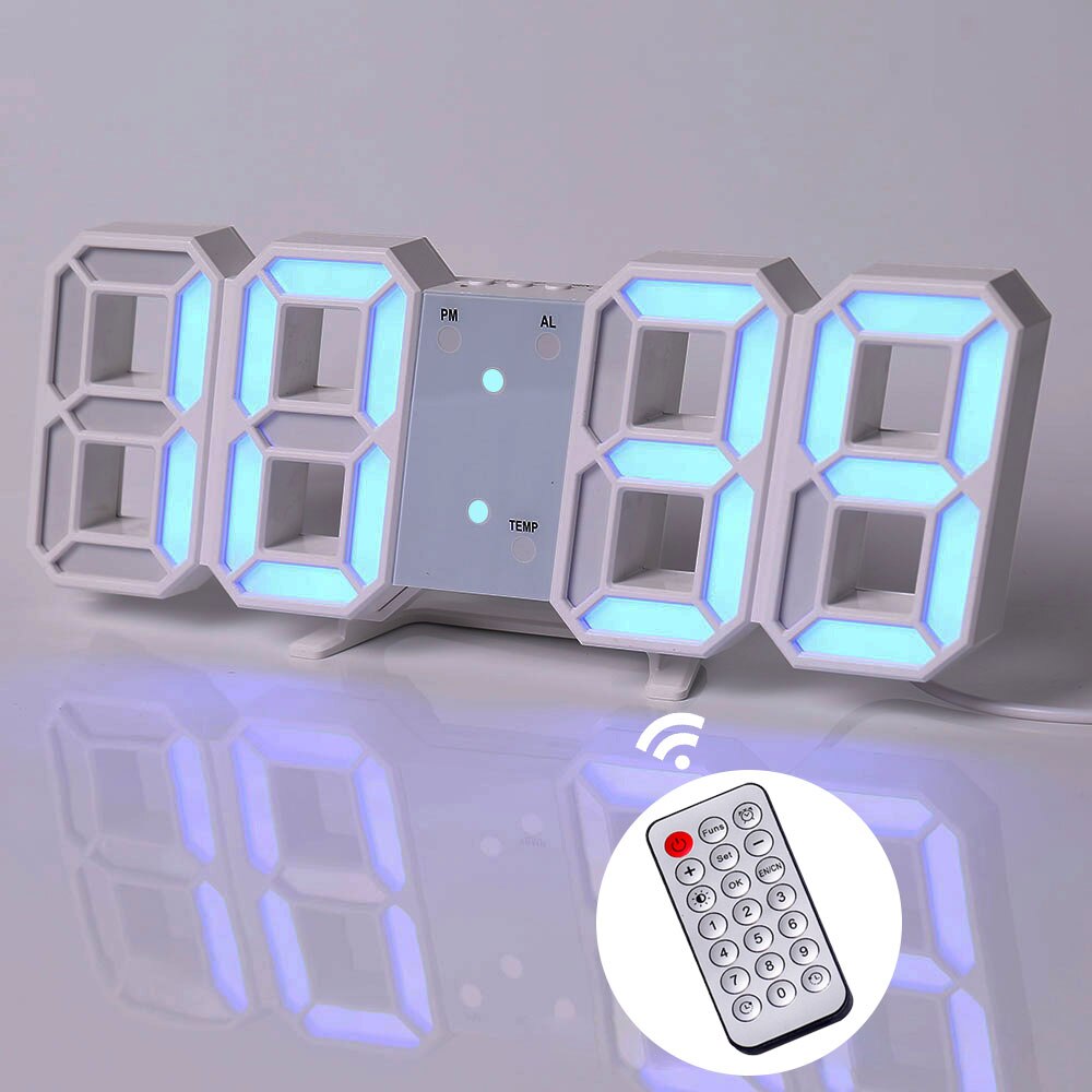 W&amp;G 3D Wall Clock Remote Korea Snooze Alarm Clocks Hanging Watch Table Clock Calendar Electronic Clock Intelligent Digital Clock: R white blue