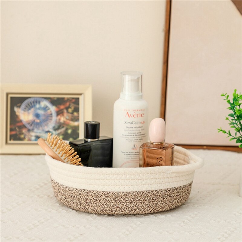 Paquete de 2 cestas de cuerda de algodón, canasta de almacenamiento tejida pequeña, bandeja de tela, tazón, plato abierto redondo para frutas, joyería, llaves