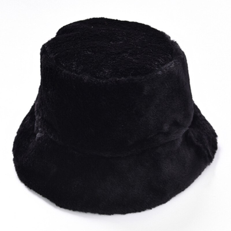 Chique dames hoeden winter reizen gorros pluche imitatiebont brede rand dik warm effen koud emmer pet hoofdaccessoires: Zwart