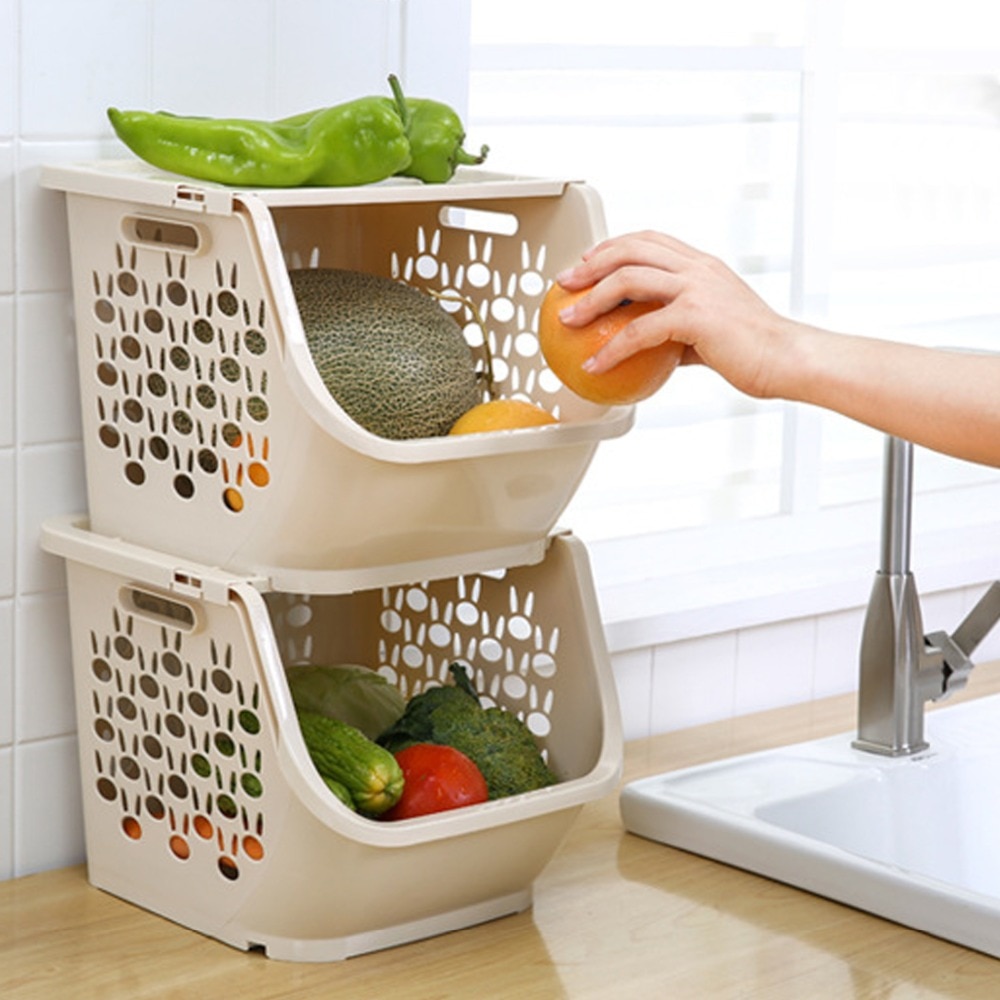 Wbbooming plast multifunktionel opbevaringskurv køkken badeværelse opbevaringspose hule grøntsager frugtholdere med låg