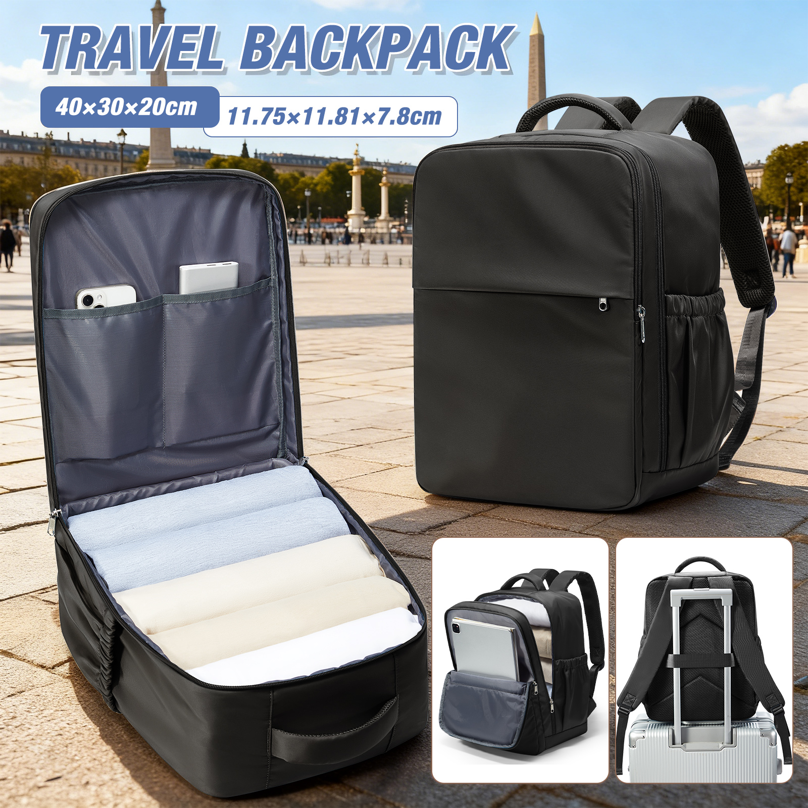 Mochila de viaje para avión de cabina 40x30x20, equipaje de mano, mochila de cabina Wizzair 40x30x20, bolsos de mano para hombres y mujeres, bolsas para ordenador portátil de 15,6 pulgadas: Negro