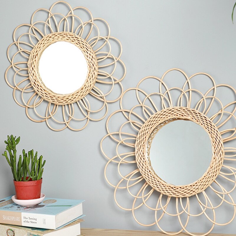 Sun Shape Decorative Mirror Rattan Innovative Art Decoration Round Makeup Mirror Dressing Bathroom Wall Hanging Mirror