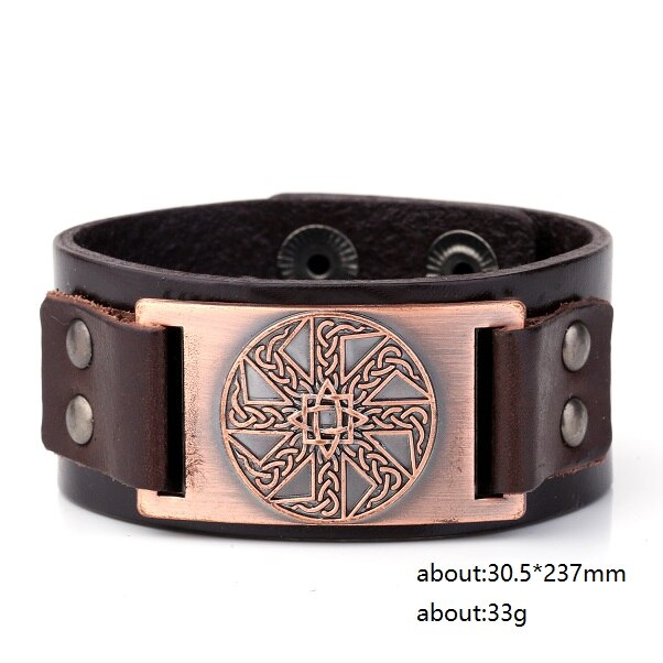 Skyrim-pulsera de cuero eslava para hombre, anís estrellado, amuleto redondo cerrado, pulsera ancha trenzada, brazalete Vikingo, joyería Vintage: brown-copper