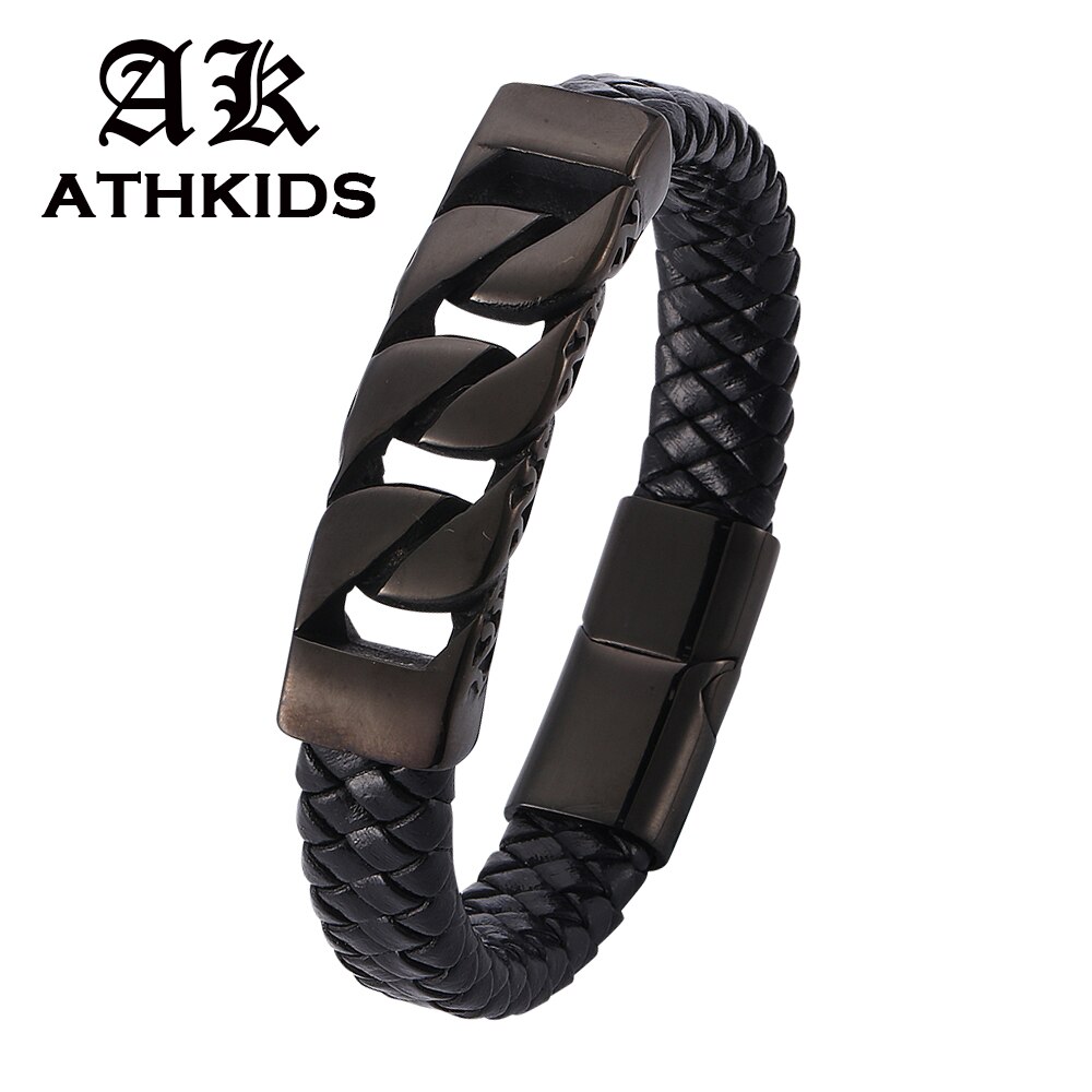 Mode Mannen Armband Zwart Vintage Lederen Armband Rvs Magnetische Sluitingen Armbanden Mannelijke Sieraden pulseras hombre PD820