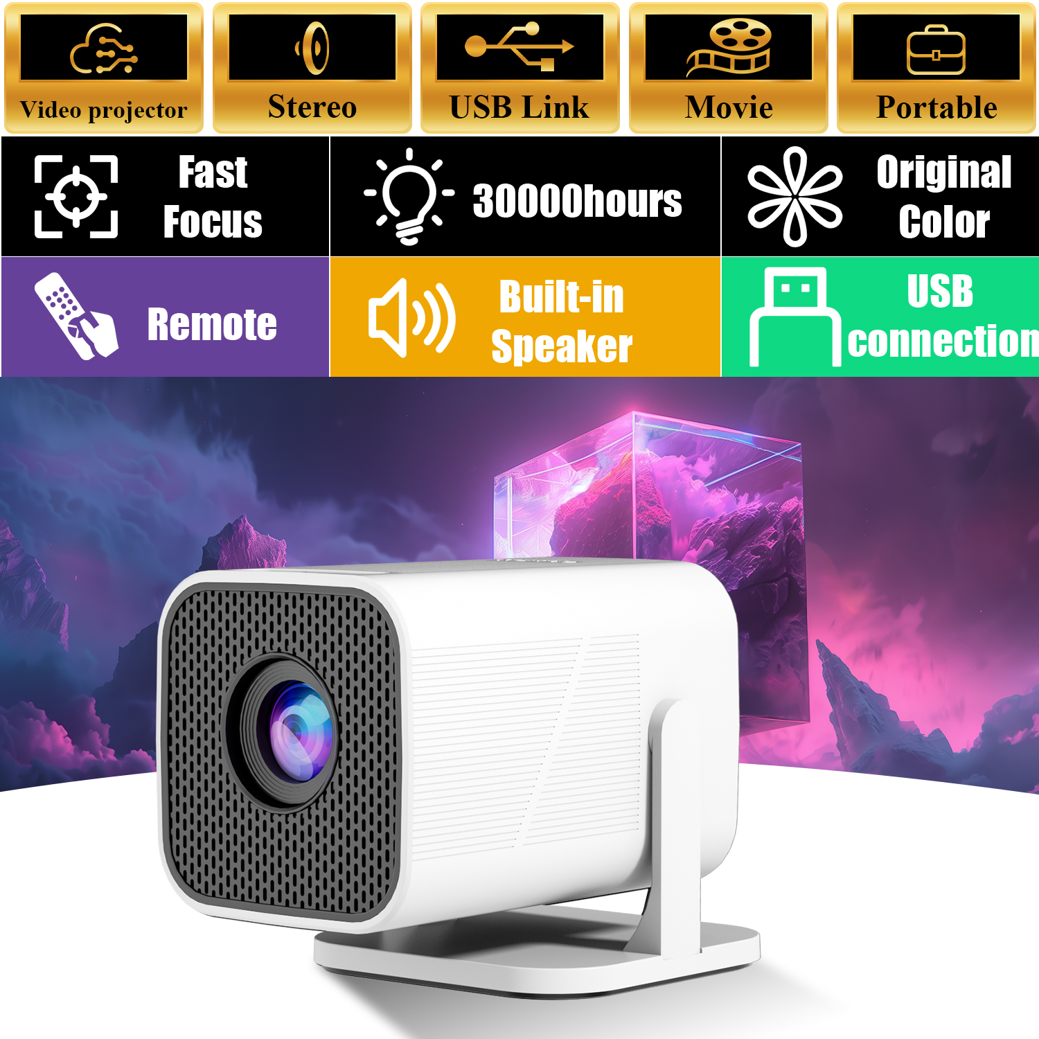 HD projector, mini projector, 180 degree rotation, compatible with phone/speaker/PC/USB, suitable for home theater/office