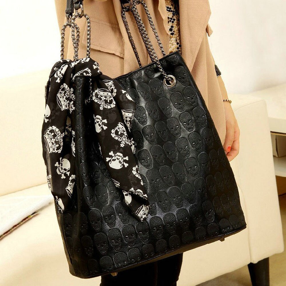 A103 kette schädel schal lässig kreuz tasche schulter tasche schwarz Frauen Schädel Skelett Kette Hangbag Dame Tote Schulter Eimer Tasche: Ursprünglich Titel