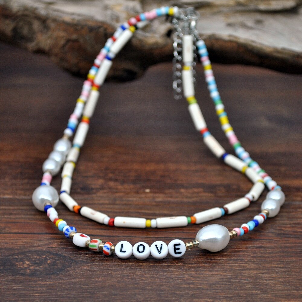 HangZhi 2pcs/set Baroque Pearls Geometric Heart Cylinder Wooden Beads Alphabet LOVE Colorful Beaded Collar Necklace