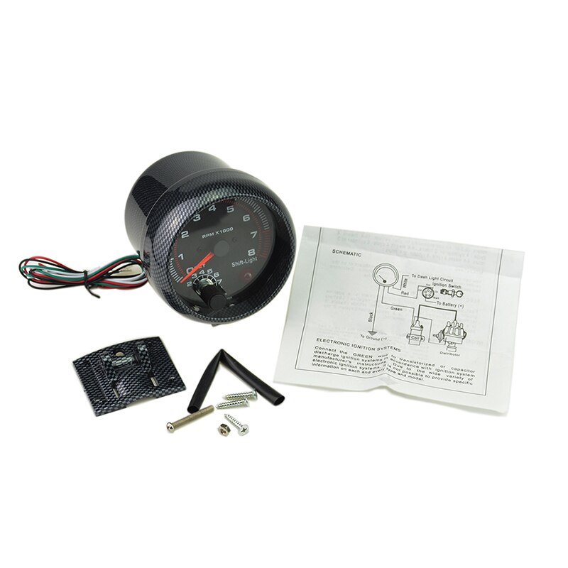 Dragon 3.75 Inch Carbon Grain Paint Shell White Shift-Light Car Tachometer Gauge 0-8000 RPM Meter Warning Function