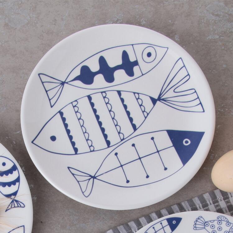 Dinner Plates Fish Pattern Ceramic Plates 8*inch Dinnerware Porcelain Flat Plates Pastry Cake Tray Party Plate Dishes Fruit Dish
