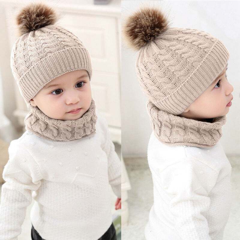Trend 2PCS Leuke Peuter Kid Meisje Jongen Baby Baby Winter Warm Haak Muts Beanie Casual solid Cap Sets: Khaki