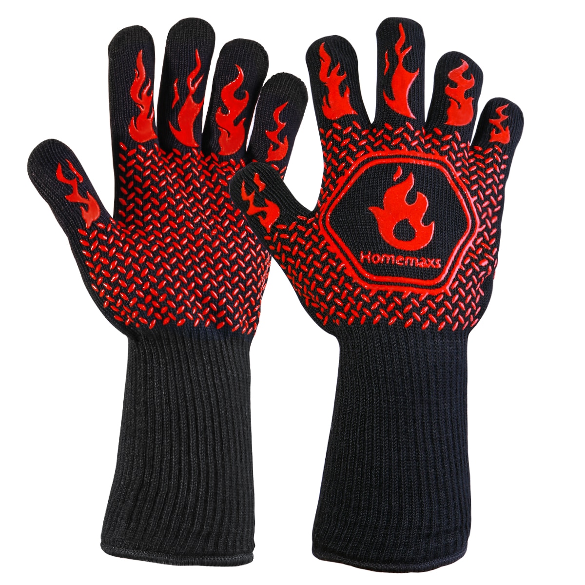 Par de Guantes Térmicos para horno HOMEMAXS resistentes a menos de 800 ℃, guantes protectores de algodón y silicona para barbacoa, guantes para cocinar a la parrilla (negro, rojo)