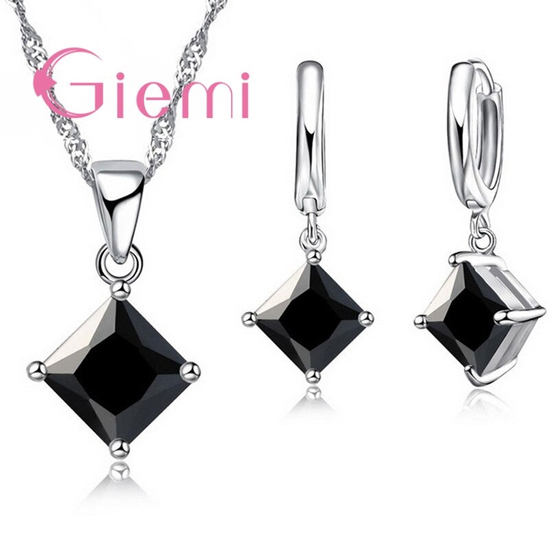 8 cores conjuntos de jóias feminino alta qualidade 925 prata esterlina cz cristal colar/brincos festa jóias atacado: Black