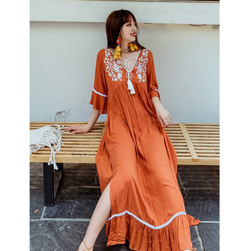 Vestido largo bohemio de algodón con bordado para mujer, ropa india, Kurta, estilo étnico, largo, para vacaciones en la playa: orange / M