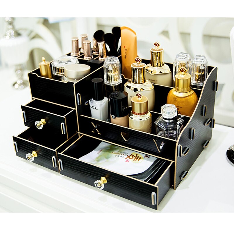 Multifunktions træ desktop opbevaringsboks makeup organizer taske kosmetisk opbevaringsboks gør det selv store makeup organizer skuffer