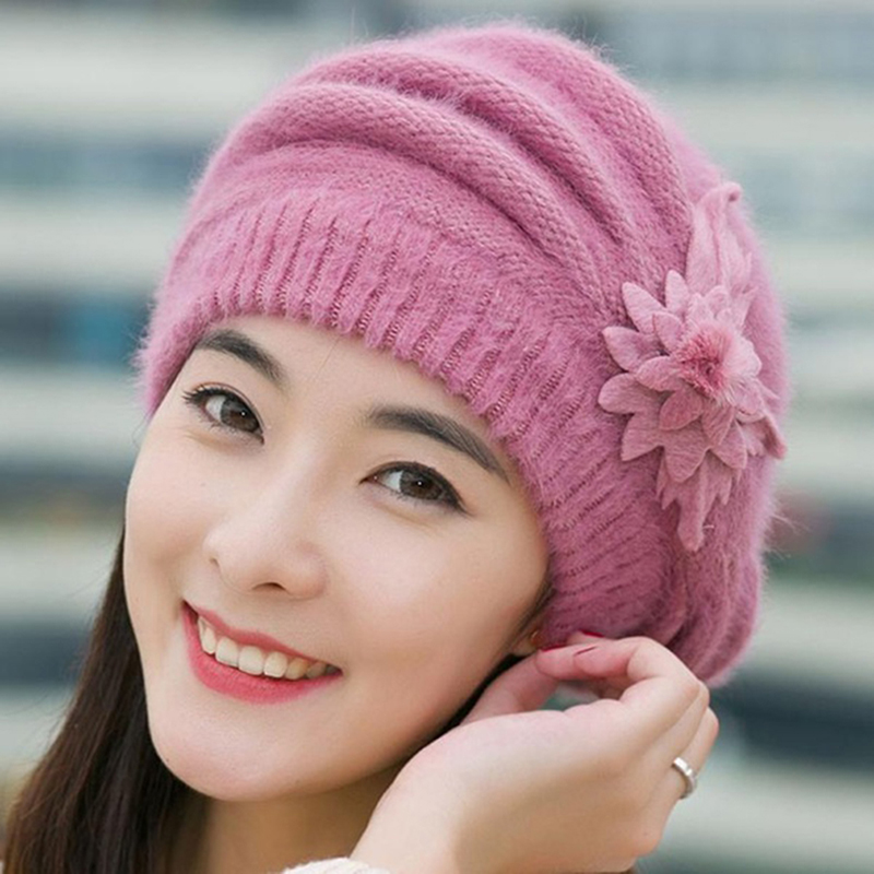 Gorros de esquí y senderismo para mujer, gorros tejidos para niña, gorros para escalada de montaña, gorros de lana de piel, gorros de flores