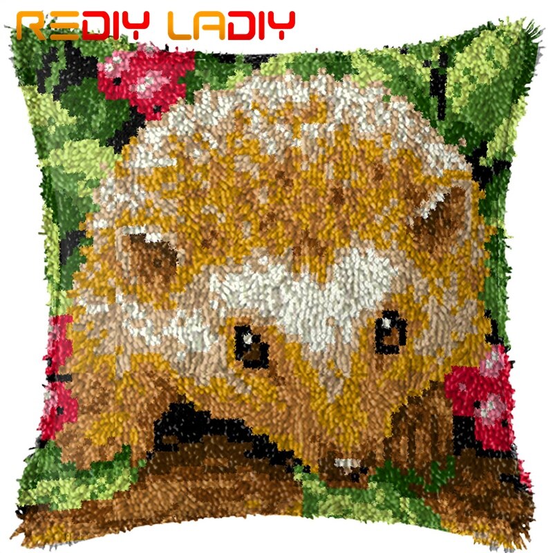 Spärrkrok kudde katt med blommor örngott tryckt färg canvas akryl garn låst krok kudde virkade kuddfodral kit: Bz759