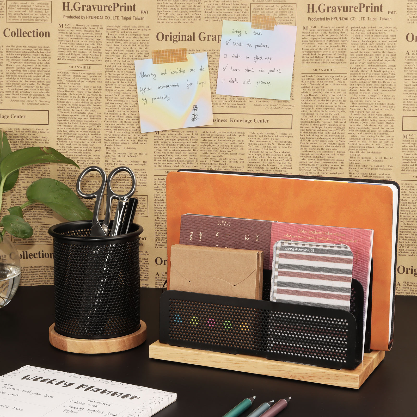 Wood Black Mesh Office Desk Organizer Set Pencil Pen Holder Sticky Notes Memo Holder Upright Stand Letter Sorter Mail Document
