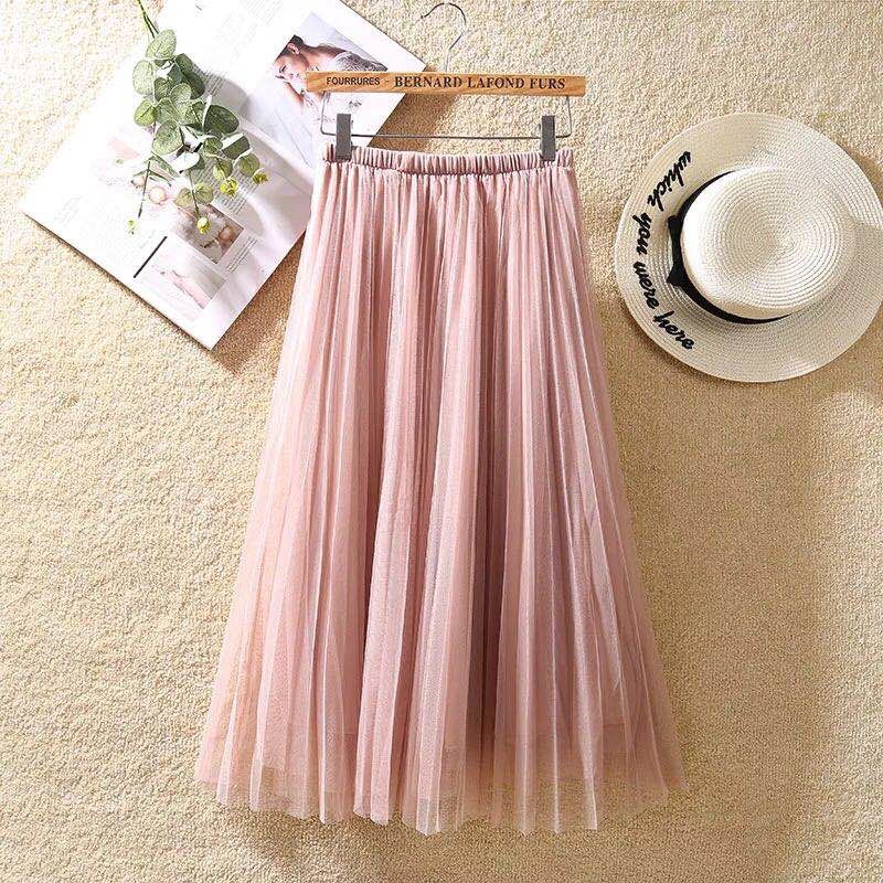 Sommer tyl lange nederdele kvinder sort beige pink grå hvid mesh plisseret nederdel lag en linje pige ferie strand nederdele