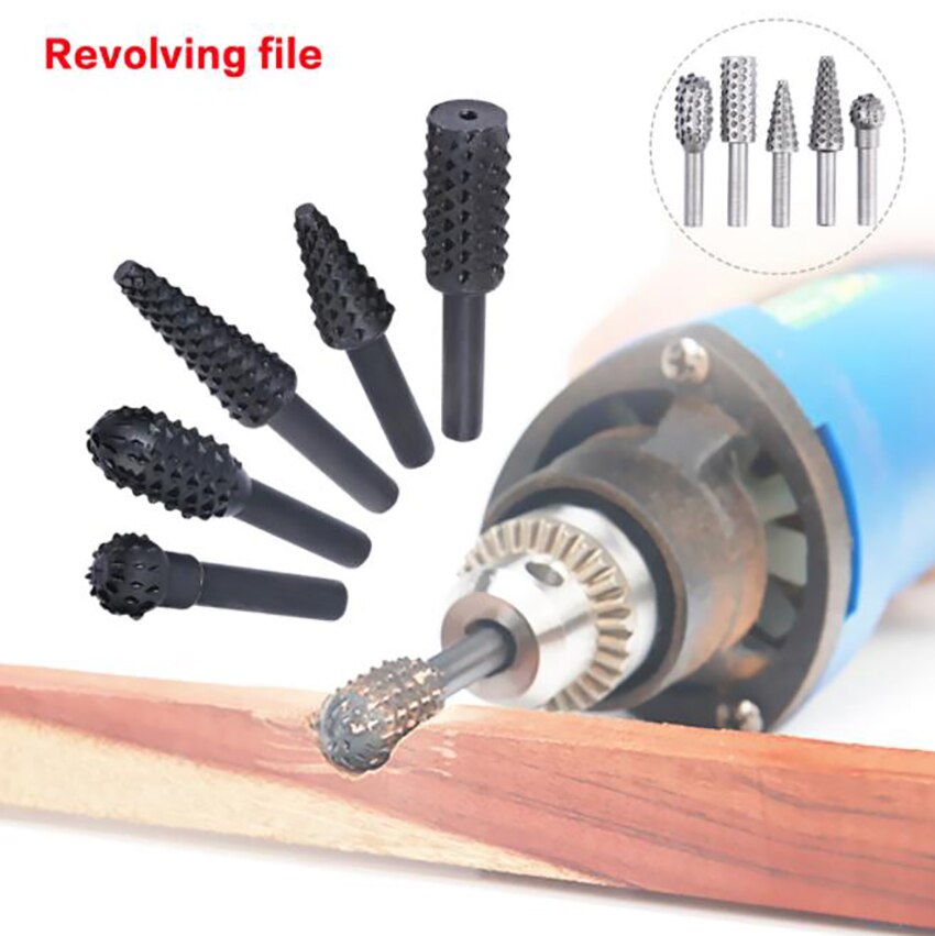 5Pcs/set Carbon Steel Rasp File Drill Bits Set, Woodworking Carving Grinder Drill Rasp Tool, 1/4" Round Rotary Files Set