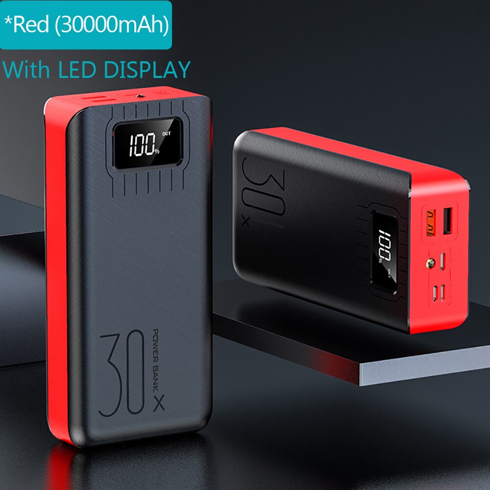 FERISING 30000mAh Power Bank LED Digital Display Dual USB External 30000 mah Pover banks Battery Portable Powerbank for Xiaomi: With LED Red