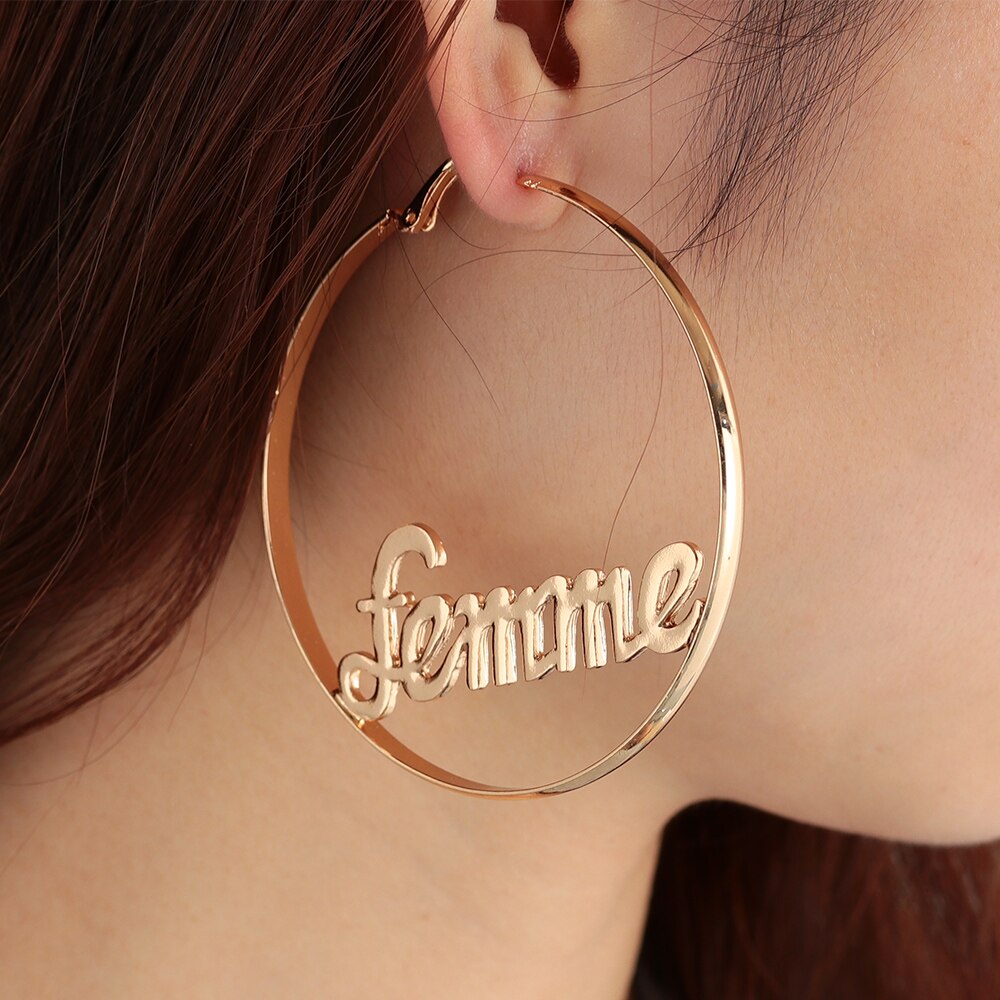 1 Pair Women Large Circle Round Hoop Earrings Hyperbole Baby Femme Letter Earrings Punk Dangle Hip-hop Jewelry