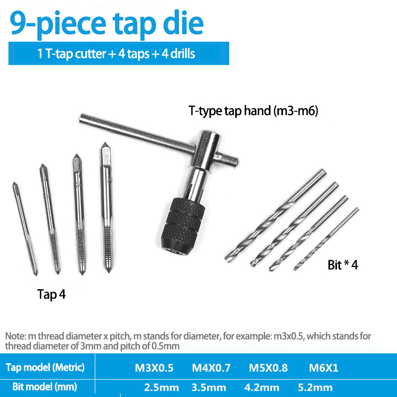 Multi-Use System Tap And Die Combo Hand Tap Wrench Die Setter Set Suit Tapping Threading Tool Fast Tapping Speed Fine Thread: 9-drill and tap