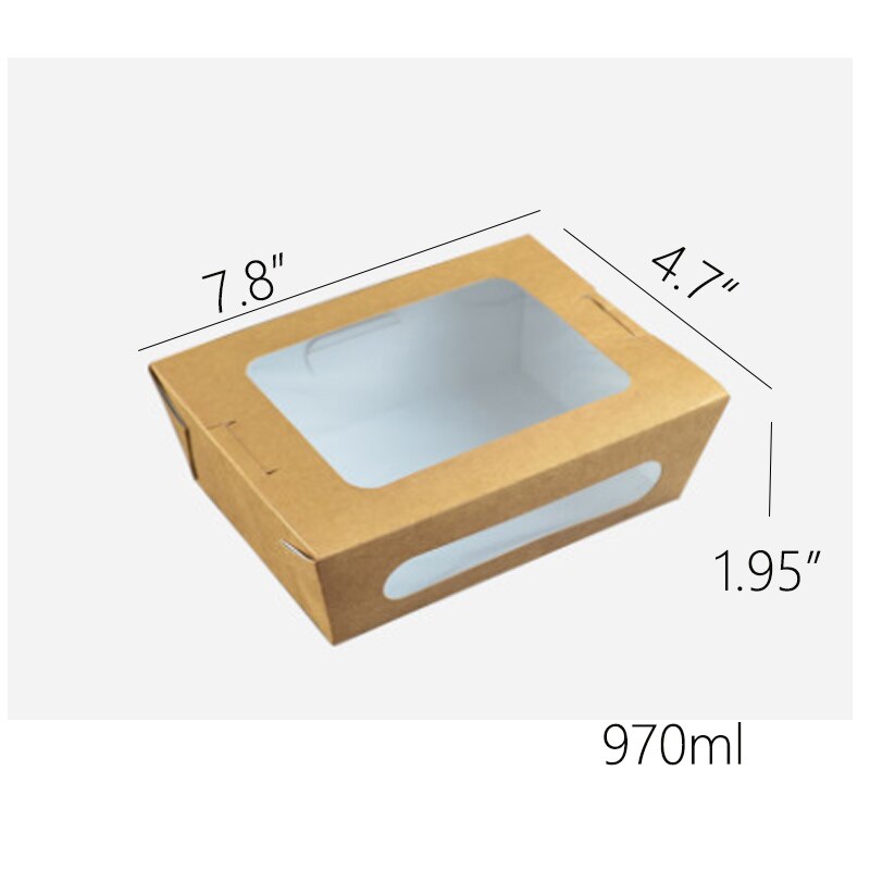 50pcs Brown paper packing box disposable transparent skylight fruit salad container（760ml/970ml/1470ml).: 970ml