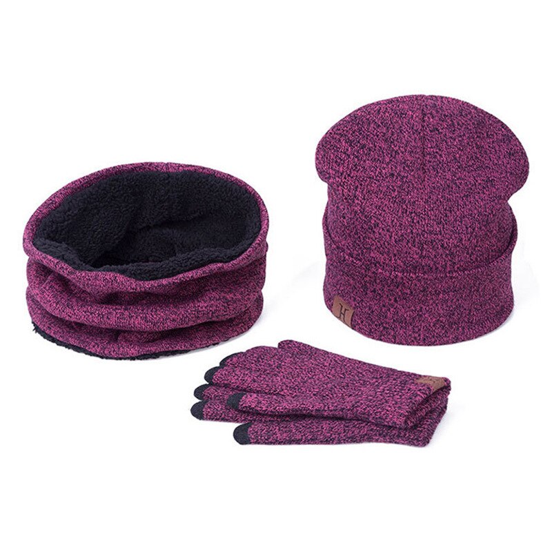 Mænds beanie hat tørklæde handsker sæt vinter strikket tyk varm hue kvinder mænd solid retro beanie hat blød touch screen handske hat sæt: Lavendel
