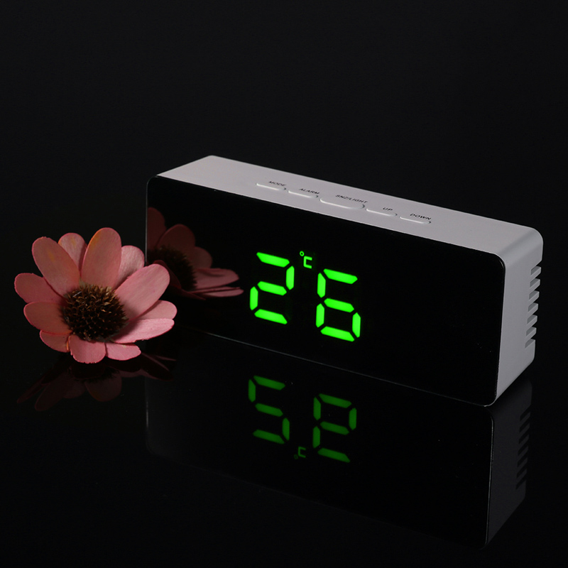 Digital LED Alarm Clock 12H/24H Alarm and Snooze Function Mirror Clock Indoor Thermometer Electronic Desktop Table Clocks USB: Green