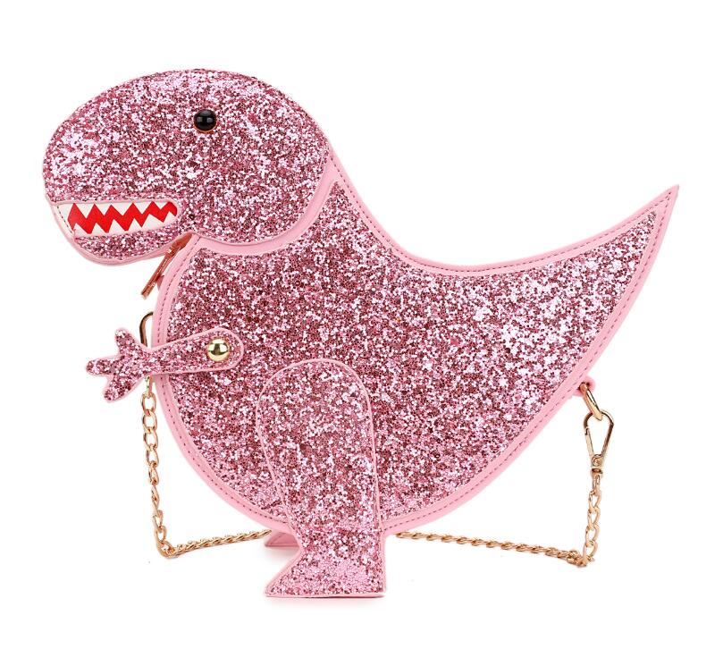 Sac à bandoulière à paillettes en forme de dinosaure pour femmes, sacs à main avec chaîne, pochette décontractée en cuir Pu: Rose