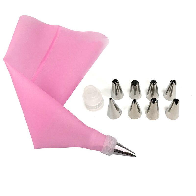 16 stuks siliconen glazuur spuitzak, 14 stuks roestvrijstalen spuitmondjes, doe-het-zelf taartdecoratietips, keukenaccessoires: 8 stuks roze