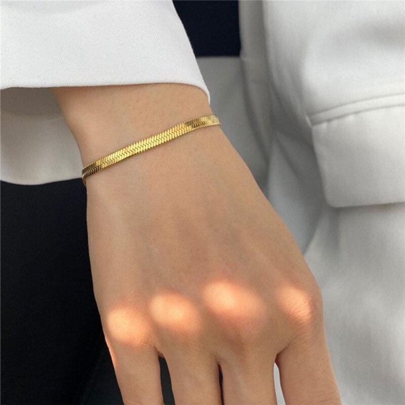 Mveifol Rvs Flat Snake Chain Armband Voor Vrouwen Classic Herringbone Armband Pulseras Stapelbaar Sieraden: Gold Color