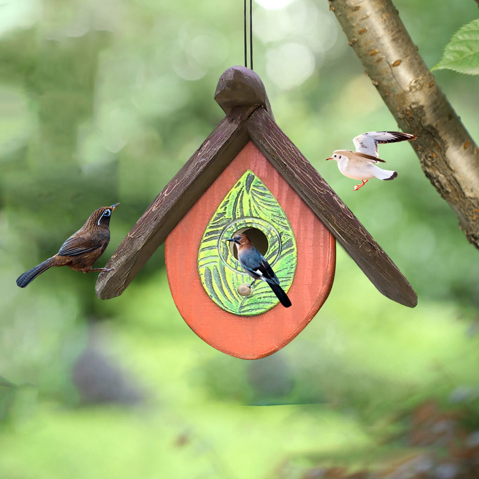 Hanging Wooden Bird Feeder Hand Carved Wooden Birdhouse Outdoor Bird Feeder Spring Decoration Garden Feeding Pet Supplies