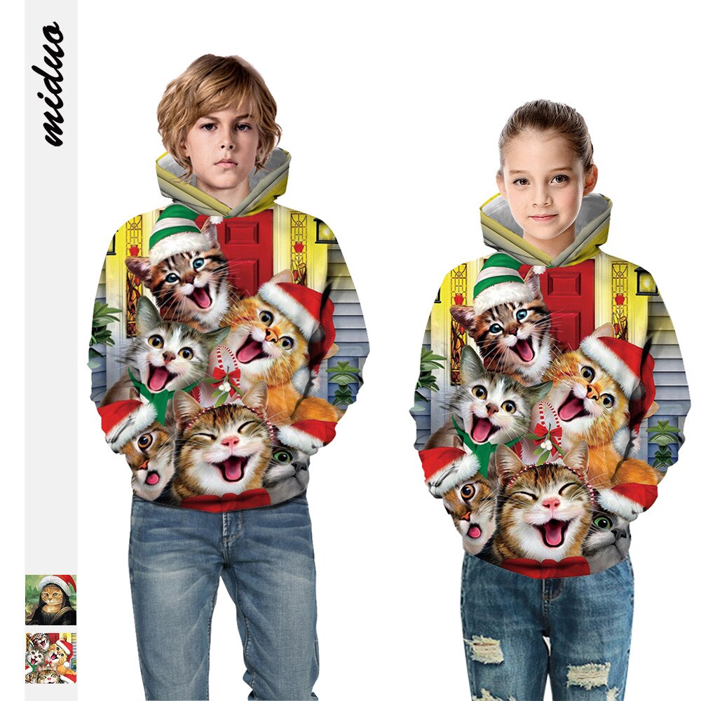 Suéter con capucha para niños, suéter con estampado Digital de gato de Navidad, ropa deportiva informal de manga larga, Otoño/Invierno,