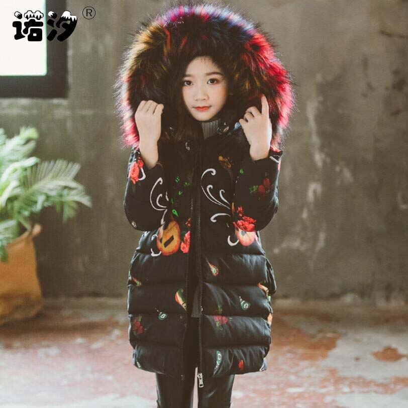 Baby girls costume 3-13T children winter cotton fur hoodies girls warm jacket fashionable kids coat teenage outwear hat remove