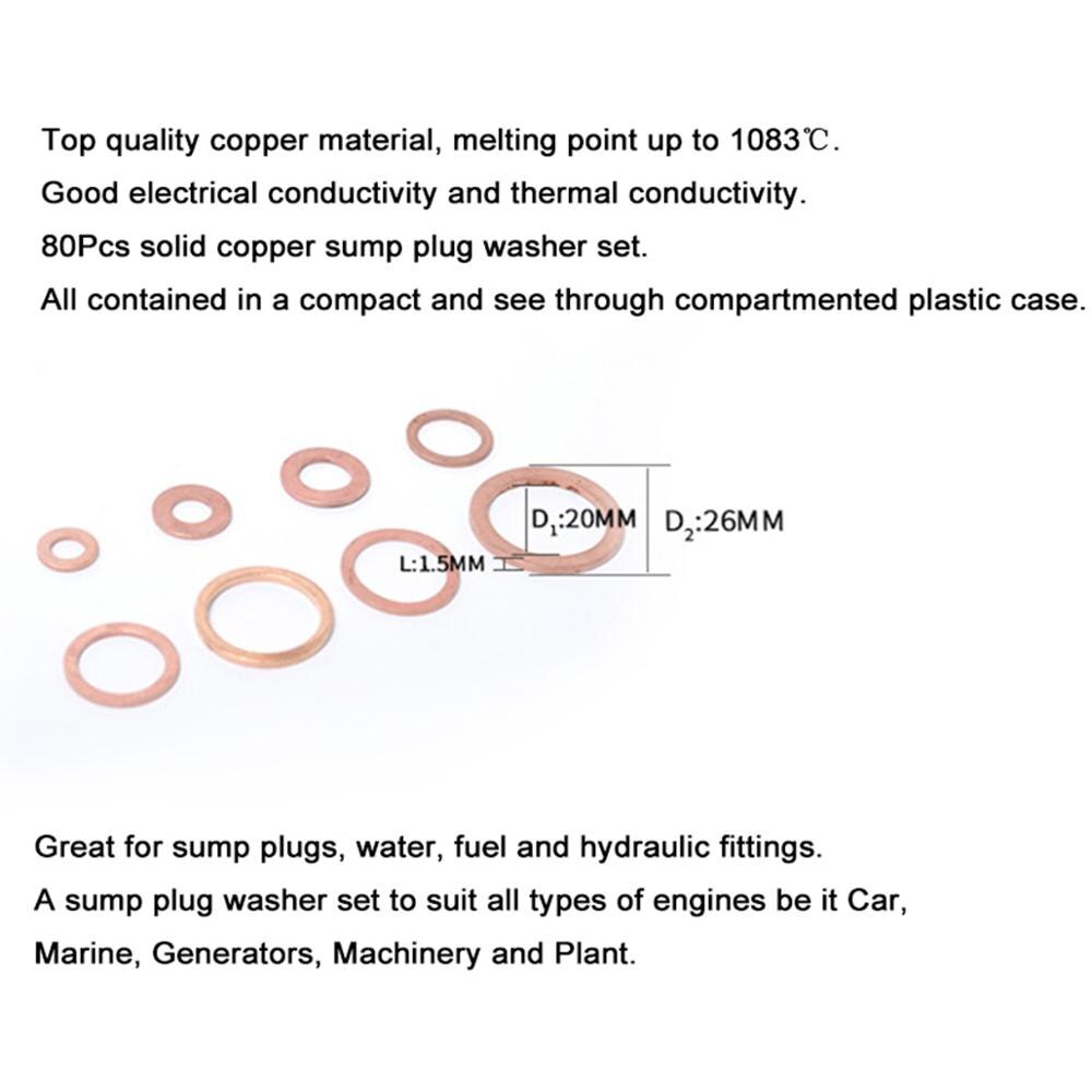 80 Pcs 8 Sizes Solid Copper Washers Sump Plug Assortment Washer Set Plastic Box Hardware Auto Accessories