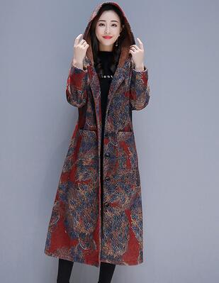 Vinter store størrelse tøj til kvinder langærmet hætte uld frakke trend vintage print frakke tykkere lange damefrakker 2290: Rød / Xl