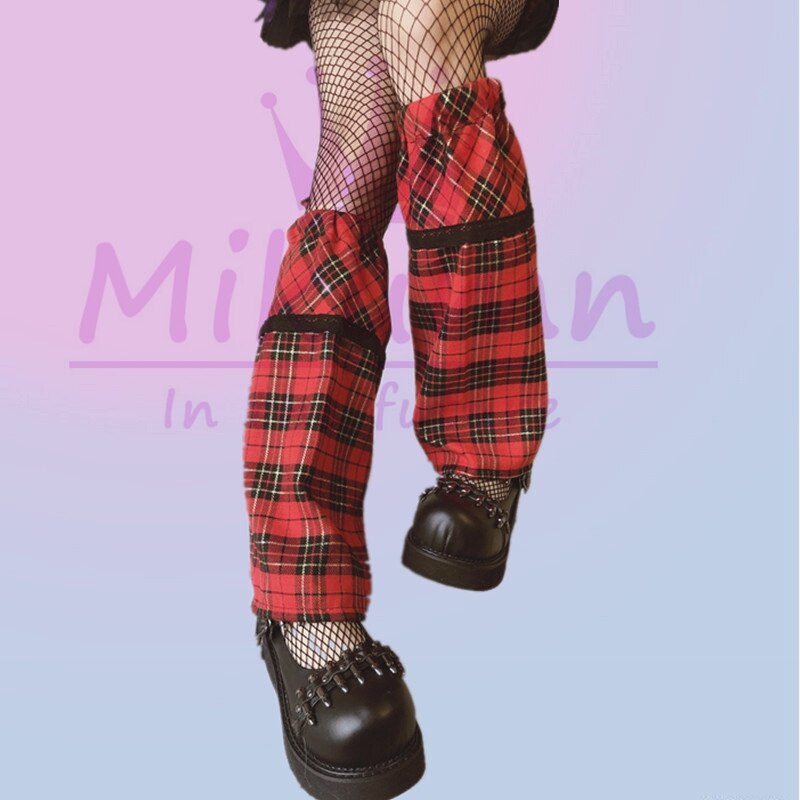 Japanese Harajuku Girls Cute Lace Plaid Leg Warmer Socks Gothic Lolita Sweet Knee High Leg Cover Chic Streetwear: red