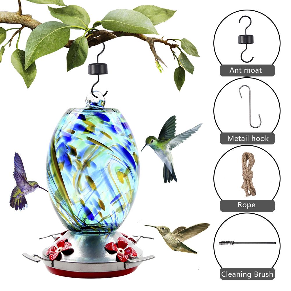 Bird Feeder Hummingbird Feeder Bird Perch For Outdoors Patio Hand Blown Glass Hummingbird Feeder: Blue