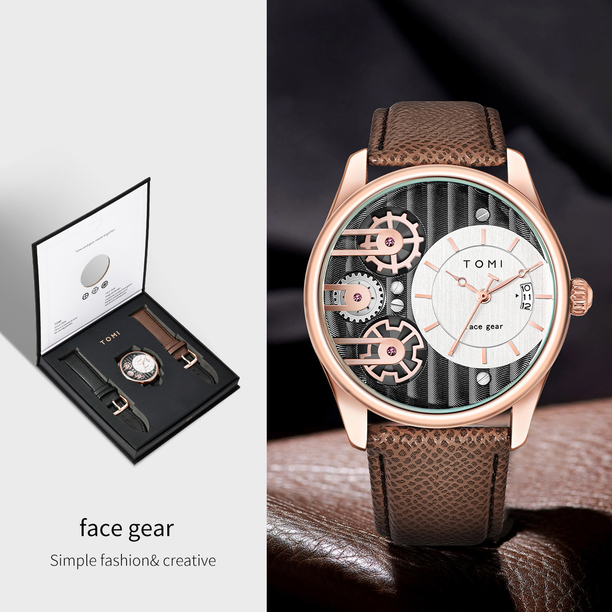TOMI Heren Geschenkdoos Combinatieset Horloge Luxe en Eenvoudig Zakelijk Afneembare band Quartz Horloge Herenhorloge Festival Cadeau: Khaki