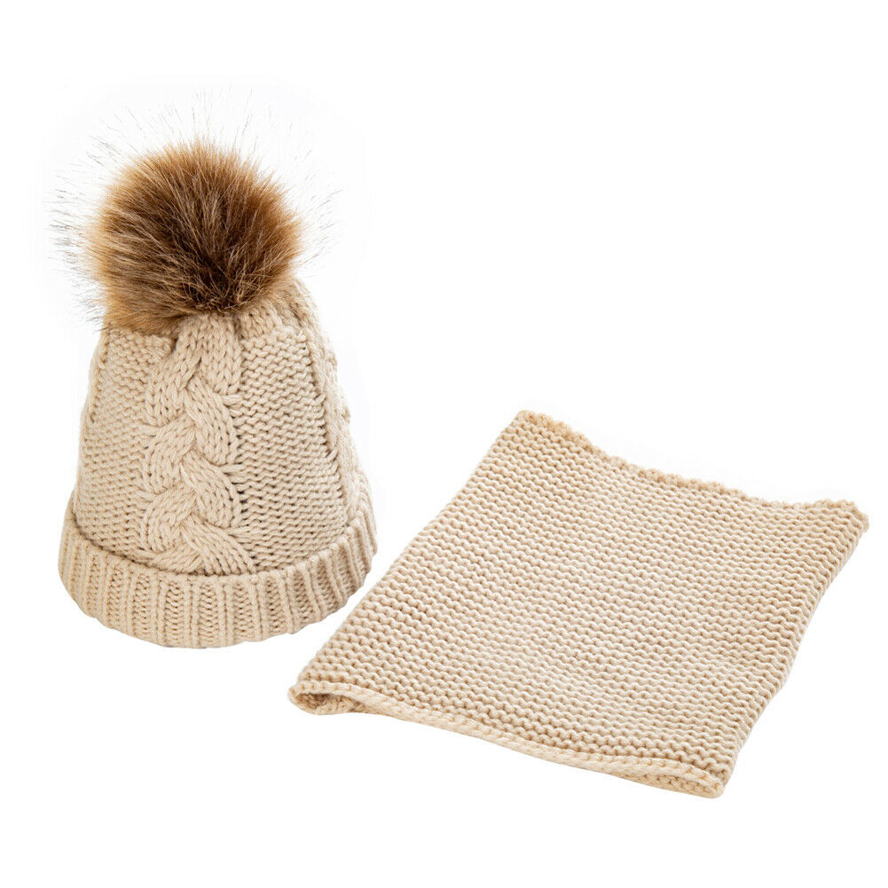 Børn børn dreng piger pom hat vinter varm hæklet strik bobble beanie cap + tørklæde sæt: Beige
